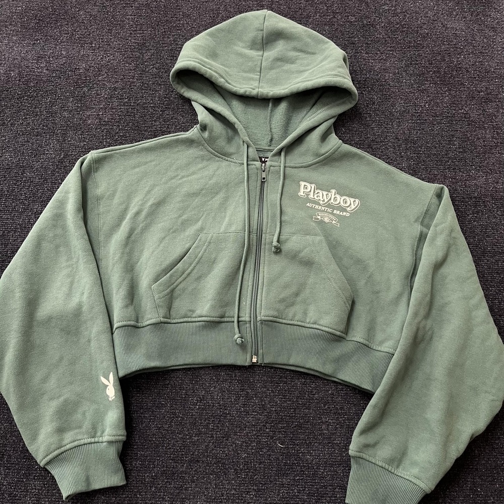 Playboy PacSun Hoodie Womens XS Green Cropped Zip Sweatshirt Authentic Brand